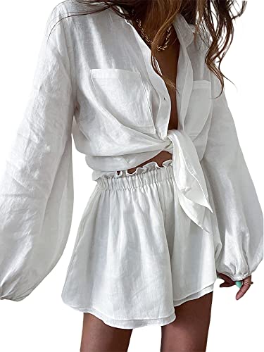 Women Summer Two Piece Outfits Set Lapel Neck Long Sleeve Shirt Matching Double Layer Elastic High Waist Shorts (White, M)