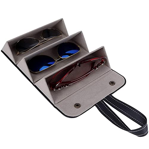 Funda para Gafas, Caja de Gafas de 3 Ranuras, Estuche Organizador de Viaje para Gafas, Caja de Almacenamiento de Gafas, Estuche para Gafas Cuero, Plegable, para Mujeres, Hombres, Niños (Negro)