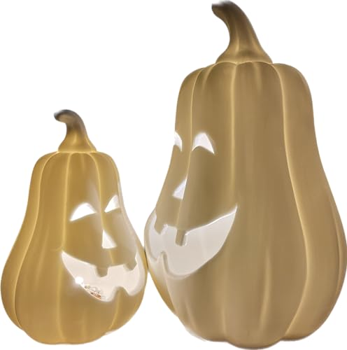 khevga Juego de 2 luces LED de calabaza para decoración otoñal de Halloween, color blanco, 17 y 11 cm de alto