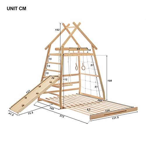 Montessori House Bed: Loft Bed with Swing, Youth Bed, Pull-Up Ring, Ladder, and Climbing Net, with Retractable Slats, Pine Frame, Natural (120X200cm)