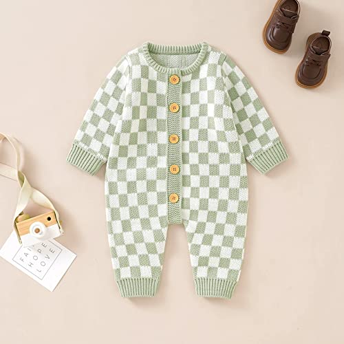 FeMereina Newborn Baby Sweater Romper Knitted Long Sleeve Checkerboard Plaid Print Jumpsuit Infant Cotton Knit Outfits Winter Clothes (Light Green, 18-24 Months)