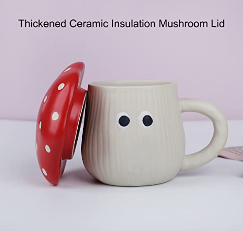 RESVUGA Cute Mushroom Mug with Lid, Handmade Glaze Cover & Eyes, Safety Matt Ceramic Milk Mugs, 300ml Cartoon Tea Cup. Best Gifts for Women & Girls.