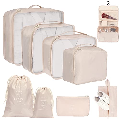 TAMOWA Organizadores de Viajes, 9 en 1 Set de Organizador de Equipaje, Impermeable Organizador de Maleta Bolsa Cubos de Embalaje, Bolsas Organizadoras Maleta para Ropa, Zapatos, Cosméticos, Beige