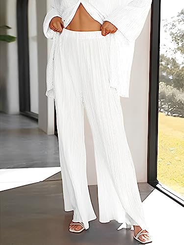 Casual 2 Piece Outfit for Women Long Sleeve Button Down Shirt Flare Pleated Wide Leg Pants Sets (A-White, M)