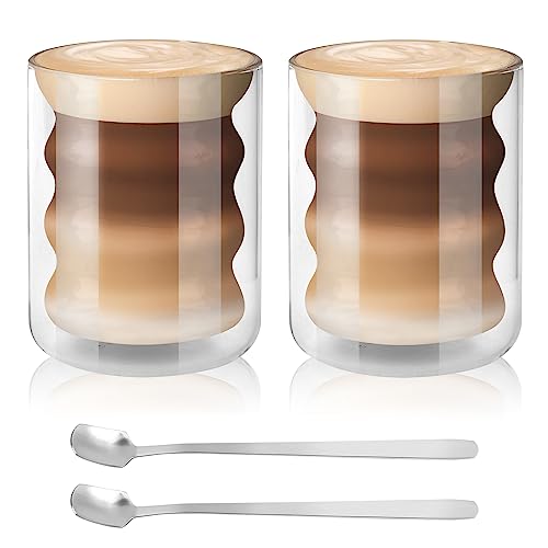 Juego de 2 Tazas de Café Cristal - Vasos Doble Pared Cristal 200ml - Vasos Cafe Cristal Transparente Borosilicato con Cuchara para Café Latte Macchiato Cappuccino Té y Más