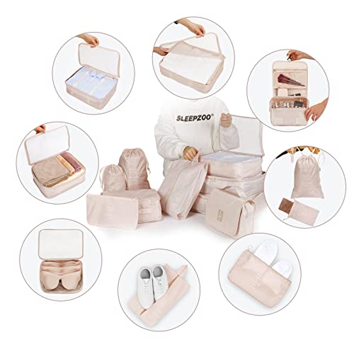 TAMOWA Organizadores de Viajes, 9 en 1 Set de Organizador de Equipaje, Impermeable Organizador de Maleta Bolsa Cubos de Embalaje, Bolsas Organizadoras Maleta para Ropa, Zapatos, Cosméticos, Beige