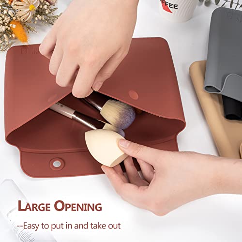 Silicone Makeup Bag, Travel Cosmetic Bags with Double Magnetic Buckle Flap, Soft and Portable Toiletry Bag, Travel Make Up Bag and Makeup Brush Holder for Women (Khaki)