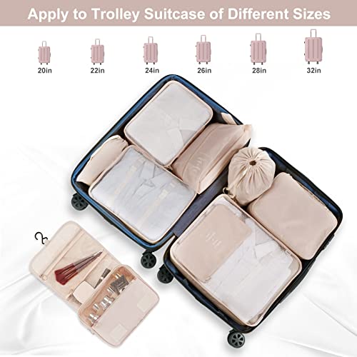 TAMOWA Organizadores de Viajes, 9 en 1 Set de Organizador de Equipaje, Impermeable Organizador de Maleta Bolsa Cubos de Embalaje, Bolsas Organizadoras Maleta para Ropa, Zapatos, Cosméticos, Beige