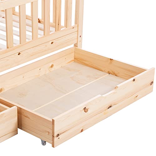 KecDuey Cama infantil en color madera, 90 x 200 cm, cama infantil con cajones, madera maciza con somier, madera de pino (color madera, 90 x 200 cm)