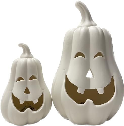 khevga Juego de 2 luces LED de calabaza para decoración otoñal de Halloween, color blanco, 17 y 11 cm de alto