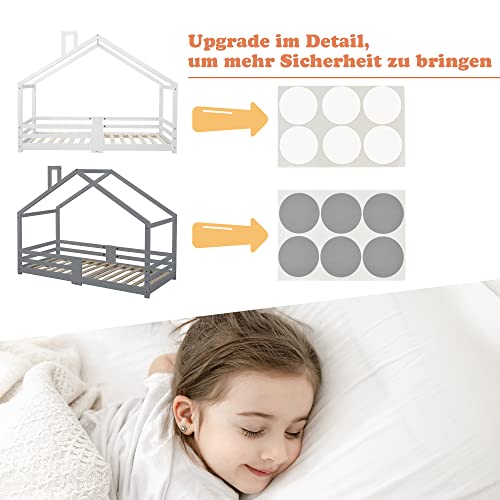 Cama infantil con chimenea, protección contra caídas, somier de láminas de madera de pino, cama para niños, 90 x 200 cm, sin colchón, color gris