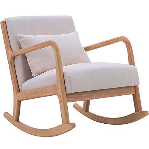 Beige Rocking Chair - Nursing Rocker, Bedroom Lounge Chairs, Reclining Relax Armchairs, Wooden Outdoor Rocking Chair for Reading and Patio