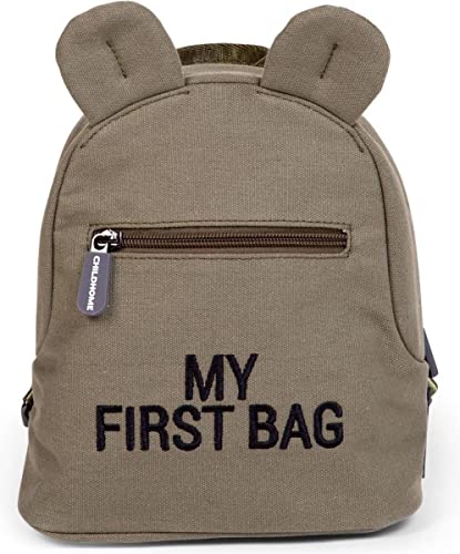 Childhome Mi Primera Bolsa Mochila de Bebé, Escuela, Jardín de Infancia, Guardería, Dos Compartimentos, Bolsa de Almuerzo, Hebilla de Seguridad Extraíble, Resistente al Agua, Canvas Kaki