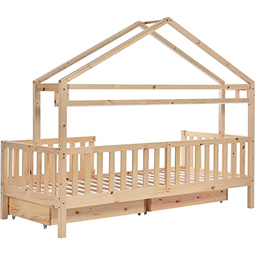 KecDuey Cama infantil en color madera, 90 x 200 cm, cama infantil con cajones, madera maciza con somier, madera de pino (color madera, 90 x 200 cm)