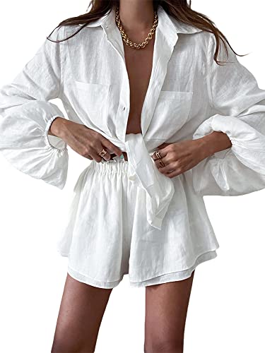 Women Summer Two Piece Outfits Set Lapel Neck Long Sleeve Shirt Matching Double Layer Elastic High Waist Shorts (White, M)