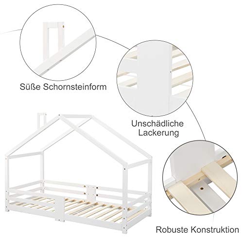 Cama infantil con chimenea y protección contra caídas, madera de pino robusta, 90 x 200 cm, para 5-10 años, sin colchón, cama para niños (blanco 2)