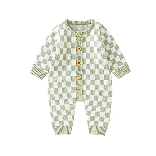 FeMereina Newborn Baby Sweater Romper Knitted Long Sleeve Checkerboard Plaid Print Jumpsuit Infant Cotton Knit Outfits Winter Clothes (Light Green, 18-24 Months)