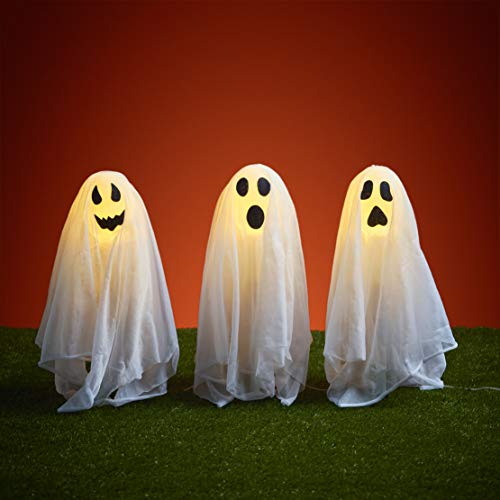 Lights4fun Conjunto de 3 Fantasmas Balizas con LED Blanco Cálido a Pilas para Uso en Exteriores