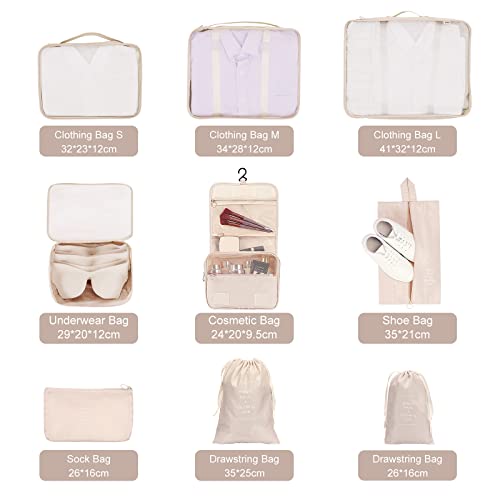 TAMOWA Organizadores de Viajes, 9 en 1 Set de Organizador de Equipaje, Impermeable Organizador de Maleta Bolsa Cubos de Embalaje, Bolsas Organizadoras Maleta para Ropa, Zapatos, Cosméticos, Beige