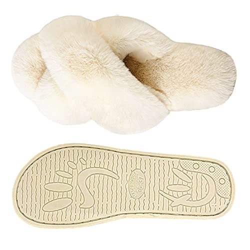 dressfan Zapatillas de Estar por Casa Mujer Felpa Punta Abierta Chanclas Pantuflas de Casa Cómodos Calentitas Plano Suela de Goma Antideslizante Zapatos Interior/Exterior (Beige Chiaro, numeric_36)