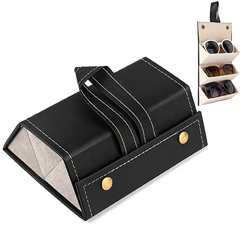 Funda para Gafas, Caja de Gafas de 3 Ranuras, Estuche Organizador de Viaje para Gafas, Caja de Almacenamiento de Gafas, Estuche para Gafas Cuero, Plegable, para Mujeres, Hombres, Niños (Negro)