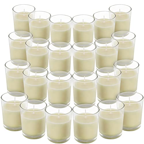 BELLE VOUS Velas en Vaso Cristal (Pack de 24) - Velas Blancas Votivas sin Aroma – 12 Horas Funcionamiento - Portavelas Cristal Transparente Velas de Cera Vertida a Mano – para Bodas, SPA, Hogar