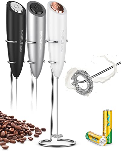 SIMPLETASTE Electric Milk Stand, One Touch Hand Whisk Powered Nespresso and Cappuccino Coffee Frother, 2 AA Batteries (White)