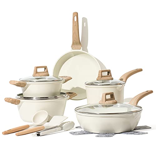 CAROTE Juego de Sartenes Antiadherentes 14 Piezas, Sartenes Induccion 24cm, Ollas Cocina 1,7/2,3/4L, Wok 28 cm, Menaje de Cocina con Tapas, Espátula, Cuchara,Pinzas, Protector de Sartenes