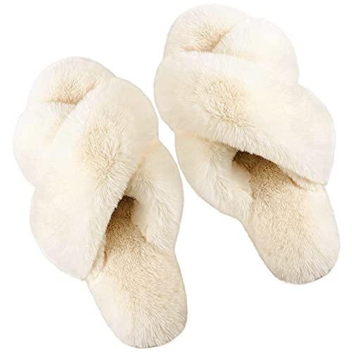 dressfan Zapatillas de Estar por Casa Mujer Felpa Punta Abierta Chanclas Pantuflas de Casa Cómodos Calentitas Plano Suela de Goma Antideslizante Zapatos Interior/Exterior (Beige Chiaro, numeric_36)