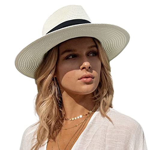 accsa Women Straw Hat Adjustable Panama Hat Wide Brim Fedora Sunhat Foldable Beach Sun Hat with UV Protection Ladies Trilby Sun Hat for Travel Garden UPF 50+ (Cream White-M)