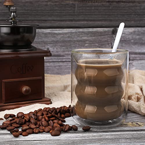 Juego de 2 Tazas de Café Cristal - Vasos Doble Pared Cristal 200ml - Vasos Cafe Cristal Transparente Borosilicato con Cuchara para Café Latte Macchiato Cappuccino Té y Más