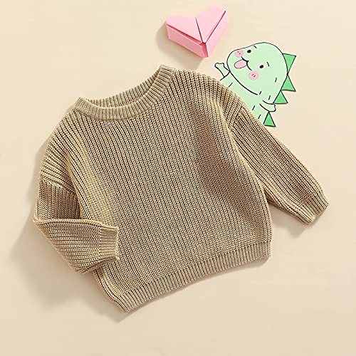 KILUS Newborn Infant Boys Girls Knitted Oversized Sweater 3 6 9 Months Long Sleeve Solid Color Crewneck Pullover Top Sweatshirt Fall Clothes (A Light Khaki,2-3T)