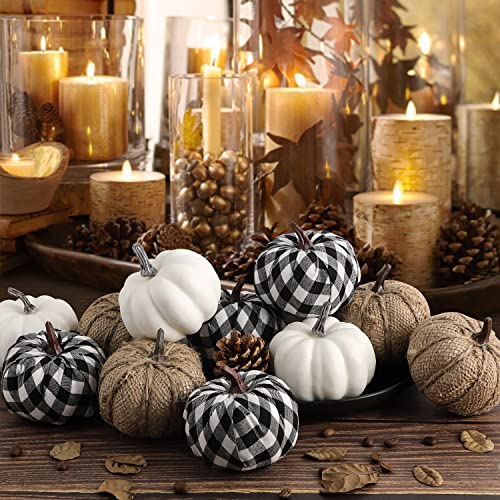 Benjia Decoraciones de otoño de Calabaza afuera, Grandes Mini Calabazas de Tela Escocesa En Blanco Y Negro Decoraciones de otoño de Calabaza Ornamental Decoraciones de otoño Halloween 12 Piezas