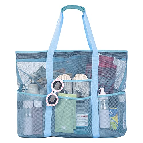 Czemo Bolsa de Playa Malla Grande Ligero con Cremallera 7 Bolsillos pequeños Cuerdas Antideslizante,Reusable Shopping Bags para Verano Piscina Playa,Camping,Compras,Vacaciones Familiares (Azul)