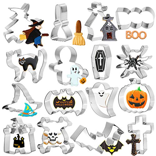 HOWAF 16pcs Halloween Moldes de Galletas Cortadores Acero Inoxidable para Bizcoleta Cookie Fondant Pastel, Halloween Galletas Cortadores para Niños, Calabaza Murciélago Fantasma Cráneo Bruja Formas