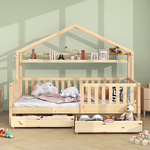 KecDuey Cama infantil en color madera, 90 x 200 cm, cama infantil con cajones, madera maciza con somier, madera de pino (color madera, 90 x 200 cm)