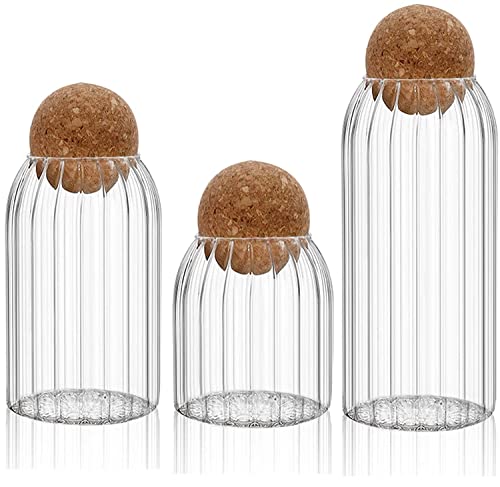 MEETOZ 3Pcs/Set Glass Food Storage Jars with Ball Cork Lid, Bamboo Glass Storage Containers with Good Sealing for Kitchen Pantry Serving Tea Coffee Sugar Flour Spices