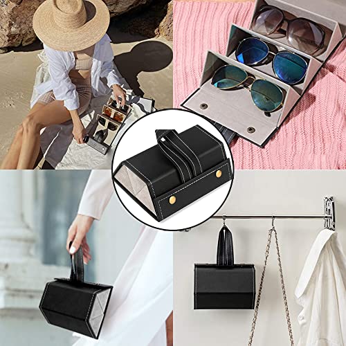 Funda para Gafas, Caja de Gafas de 3 Ranuras, Estuche Organizador de Viaje para Gafas, Caja de Almacenamiento de Gafas, Estuche para Gafas Cuero, Plegable, para Mujeres, Hombres, Niños (Negro)