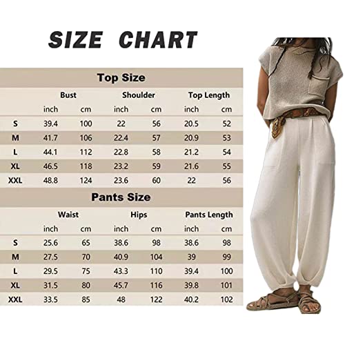 Trajes Casuales Dos Piezas para Mujer Top de Punto Manga Corta Pantalones Sueltos Pierna Ancha, Conjuntos de Salón Chándal Moda Elegante Jersey Punto Cuello Redondo Chándal de Playa ( Color : White ,