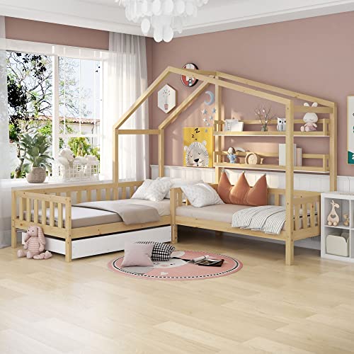 GFM Cama infantil con cajones y estantes, madera maciza con valla y somier, estructura en L, natural (90 x 200 cm+140 x 70 cm)