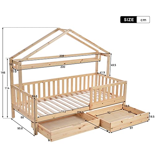 KecDuey Cama infantil en color madera, 90 x 200 cm, cama infantil con cajones, madera maciza con somier, madera de pino (color madera, 90 x 200 cm)