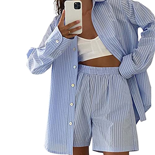 Women's Outfit Sets Stripe: Long Sleeve Shirt and Elastic Shorts Loose Fit