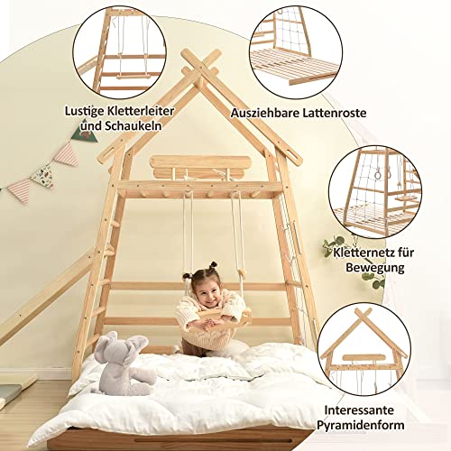 Montessori House Bed: Loft Bed with Swing, Youth Bed, Pull-Up Ring, Ladder, and Climbing Net, with Retractable Slats, Pine Frame, Natural (120X200cm)