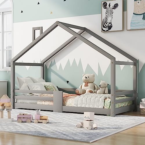 Cama infantil con chimenea, protección contra caídas, somier de láminas de madera de pino, cama para niños, 90 x 200 cm, sin colchón, color gris