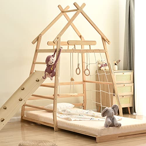 Montessori House Bed: Loft Bed with Swing, Youth Bed, Pull-Up Ring, Ladder, and Climbing Net, with Retractable Slats, Pine Frame, Natural (120X200cm)