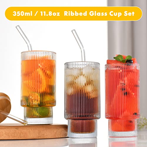 4 Piezas Vasos de Cóctel con Pajita de Vidrio 350ml/11.8oz Vasos Largos para Cócteles, Whisky, Cerveza, Café Helado, Refrescos, Zumos (Acanalado)