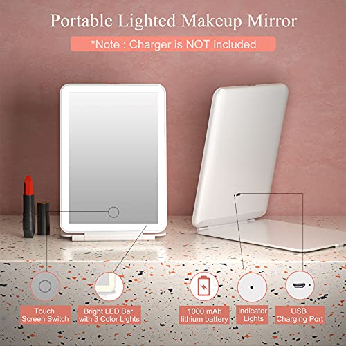 USB Recargable Espejo Maquillaje con Luz, de Tocador Viaje Portátil Luz Ajustable con 72 Luces, Iluminación de 3 Colores, Pantalla Táctil, Fuente de Alimentación Dual, Espejo Cosmético de Mesa