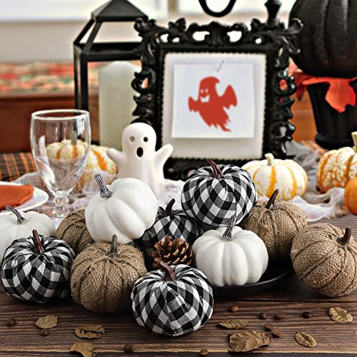 Benjia Decoraciones de otoño de Calabaza afuera, Grandes Mini Calabazas de Tela Escocesa En Blanco Y Negro Decoraciones de otoño de Calabaza Ornamental Decoraciones de otoño Halloween 12 Piezas