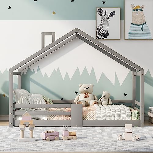 Cama infantil con chimenea, protección contra caídas, somier de láminas de madera de pino, cama para niños, 90 x 200 cm, sin colchón, color gris