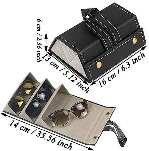 Funda para Gafas, Caja de Gafas de 3 Ranuras, Estuche Organizador de Viaje para Gafas, Caja de Almacenamiento de Gafas, Estuche para Gafas Cuero, Plegable, para Mujeres, Hombres, Niños (Negro)